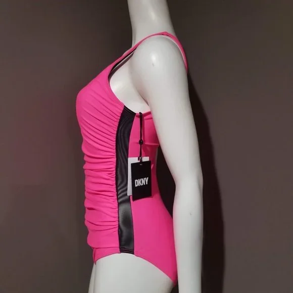 DKNY Neon Pink Ruched Mesh-Contrast One-Piece Swimsuit Size 8 - Picture 3 of 12